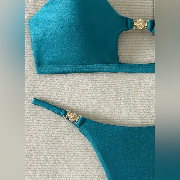 Sexy Teal Gold Ring Details High Cut Thong Bikini Set - Picture 8 of 13